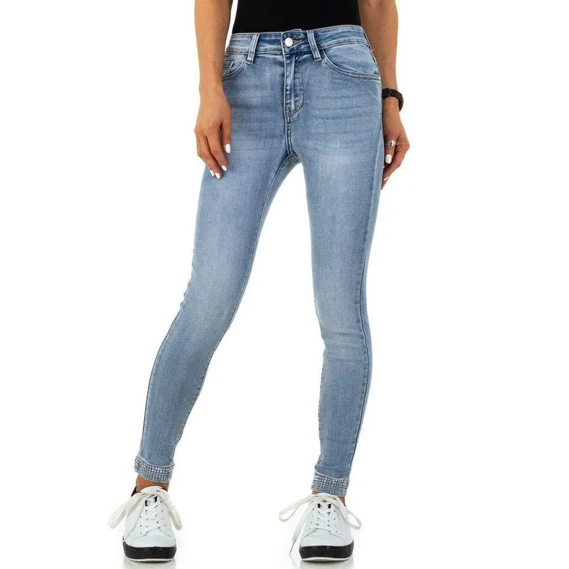 Hautenge Damen Stretch Röhrenjeans mit Schleifen am Bein Blau