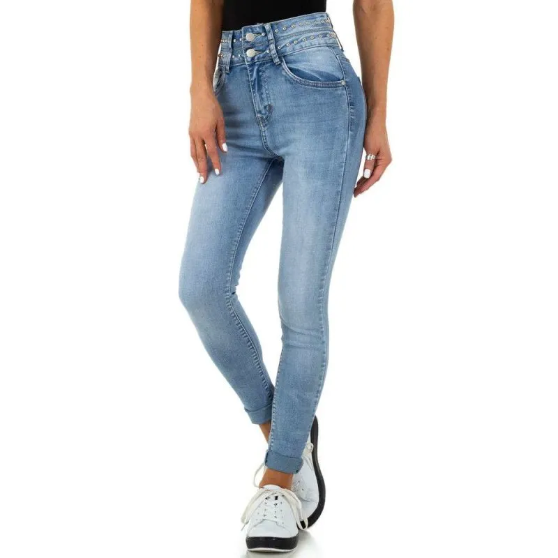 Hautenge Damen Stretch Röhrenjeans mit Schleifen am Bein Blau
