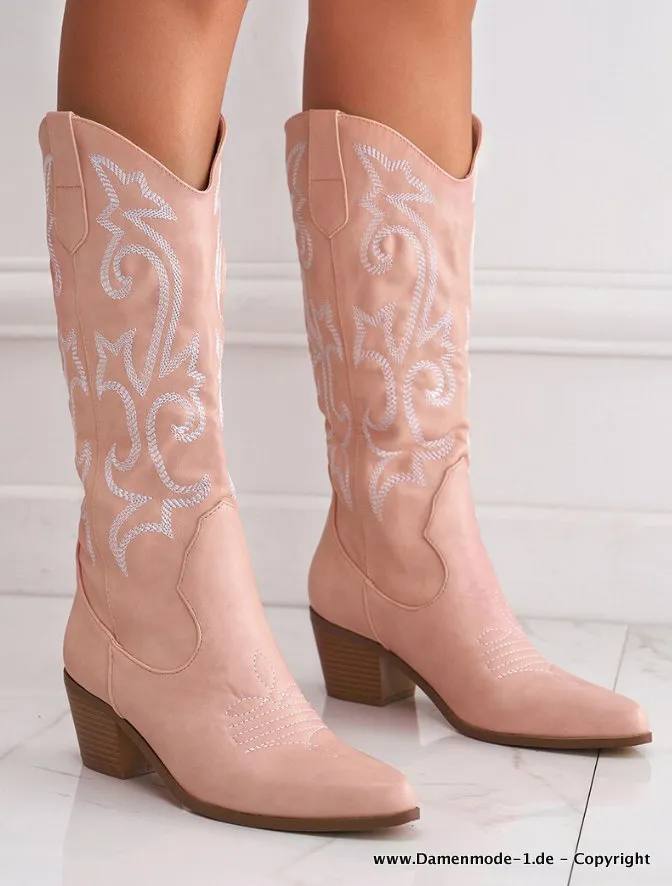 Herbst Frühling Westernstyle Cowboy Stiefel in Rosa Bestickt