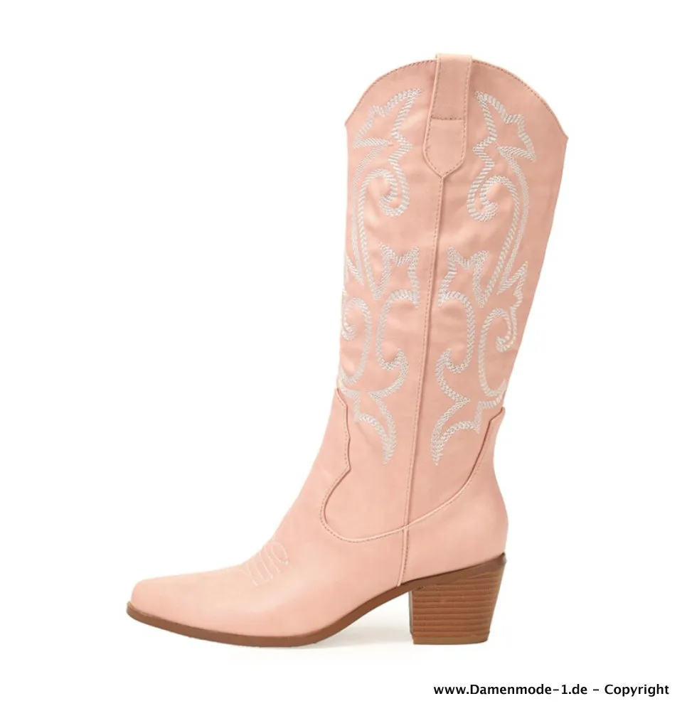 Herbst Frühling Westernstyle Cowboy Stiefel in Rosa Bestickt